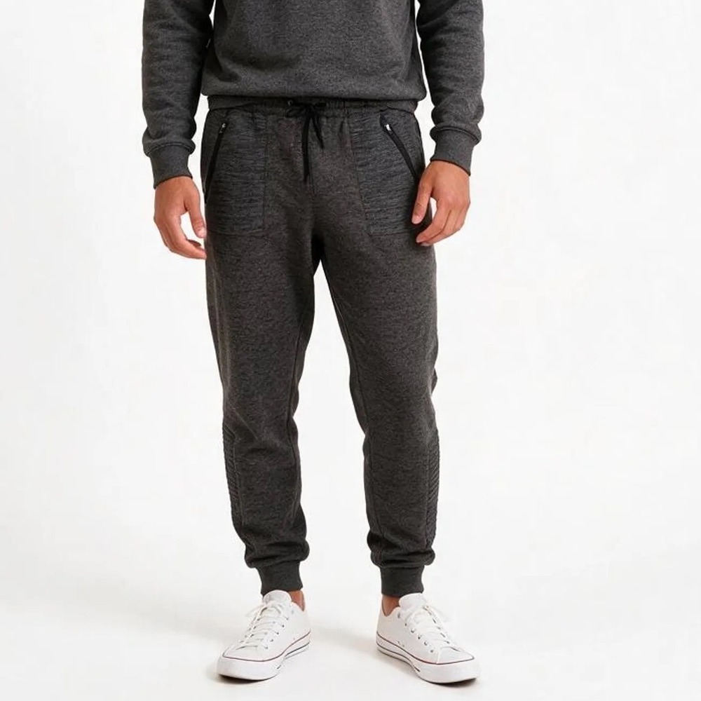 Pony Mens Small Charcoal Heather Fleece Joggers Moto Knee Zipper Pockets Gray